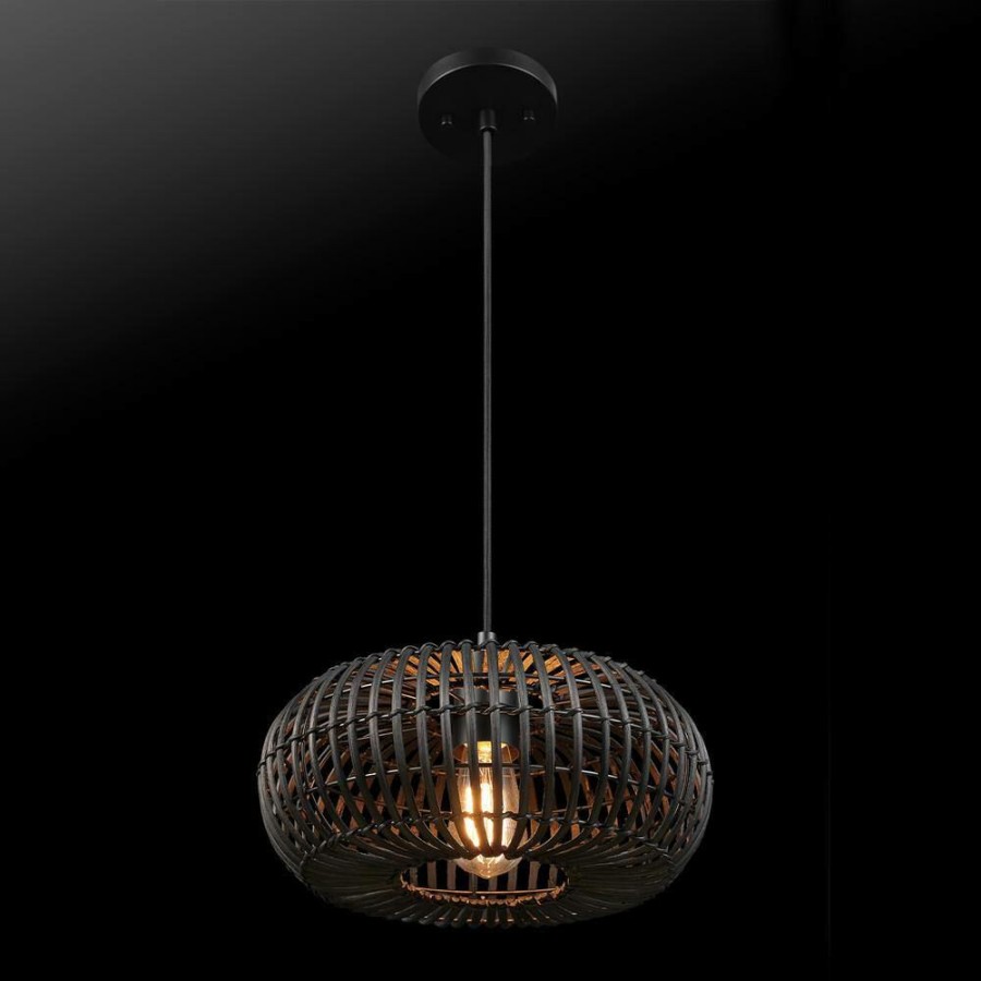 Pendant Lights * | Maren 1-Light Matte Black Shaded Pendant Light With Black Rattan Shade By Globe Electric