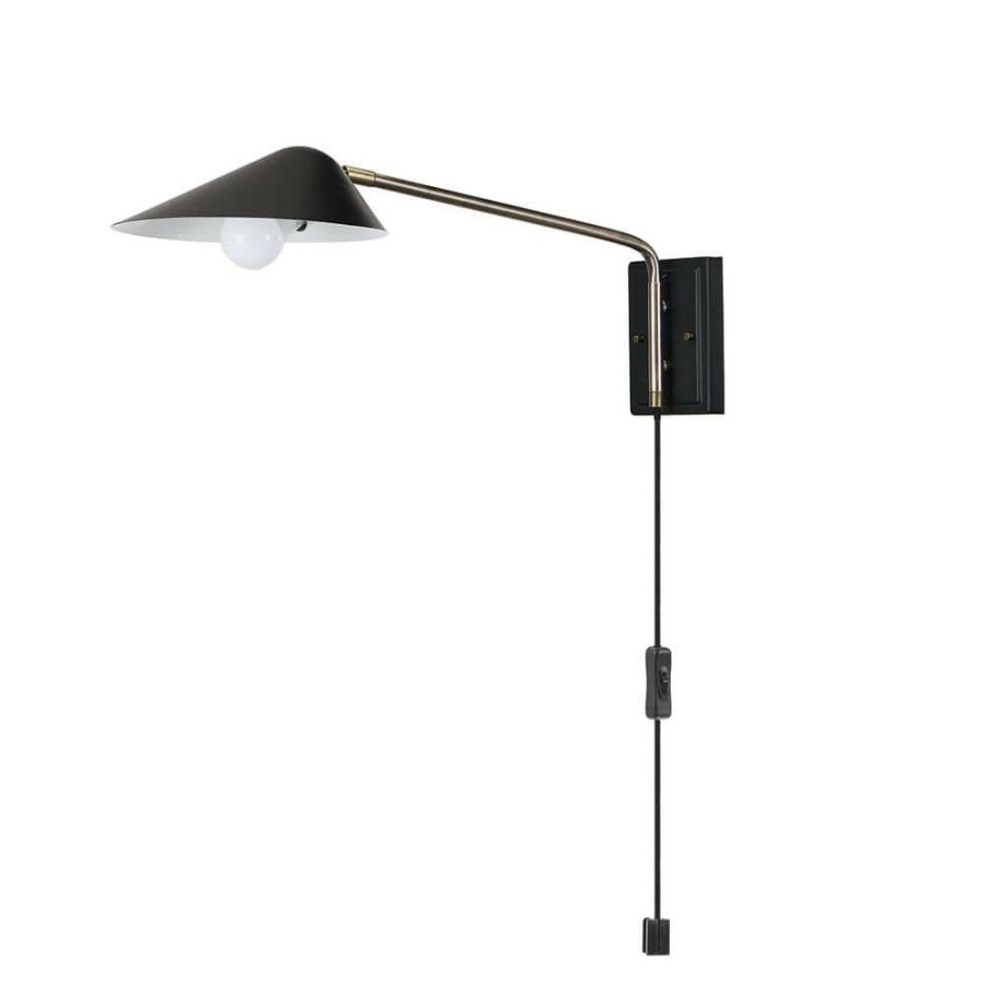 Wall Sconces * | Finnick 1-Light Matte Black Plug-In Or Hardwire Wall Sconce With Antique Brass Accent And Led Bulb Included By Globe Electric