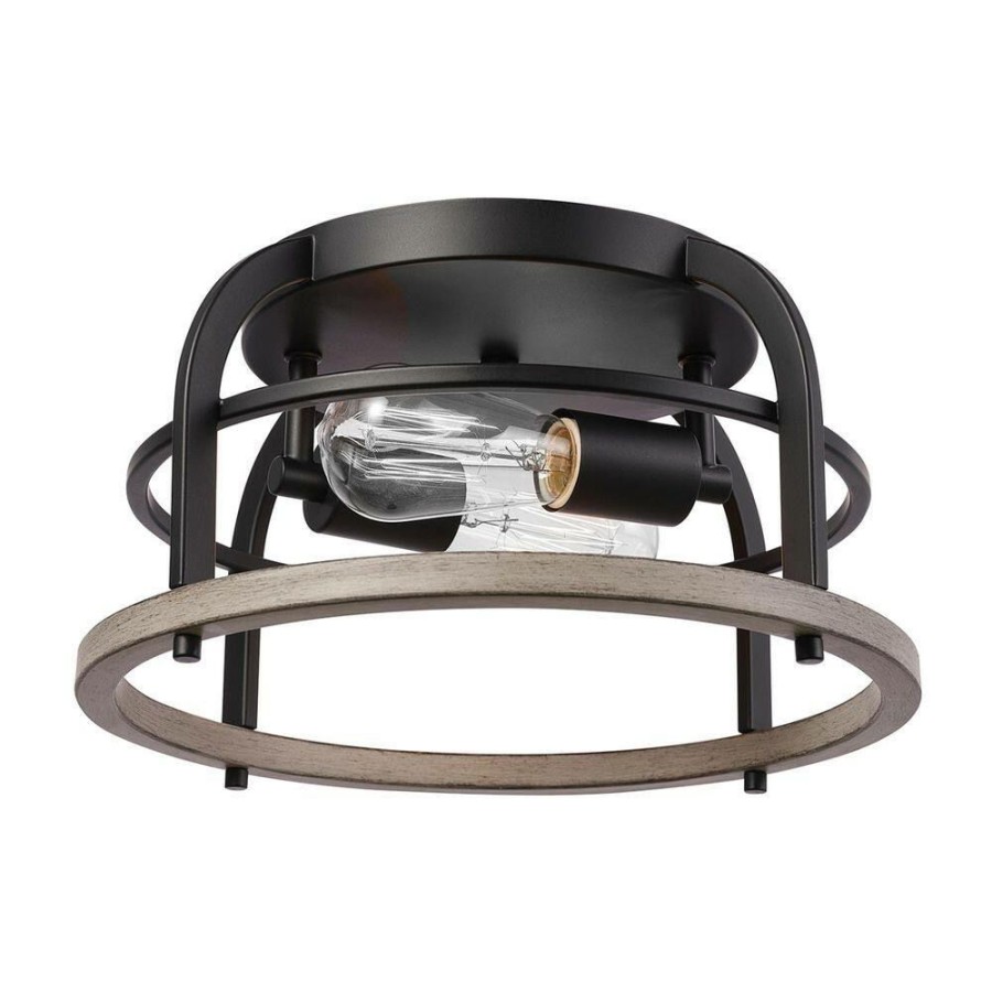 Flush Mount Lights * | 13 In. 2-Light Matte Black Flush Mount Ceiling Light With Faux Wood Accents By Globe Electric