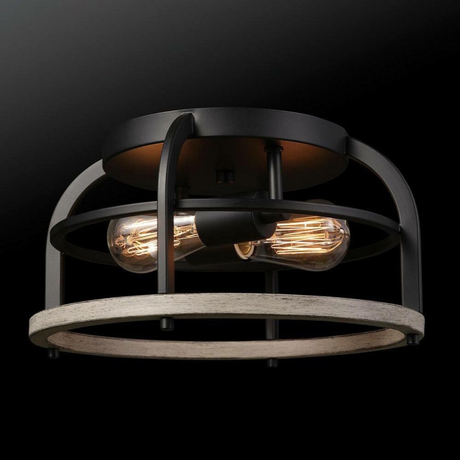 Flush Mount Lights * | 13 In. 2-Light Matte Black Flush Mount Ceiling Light With Faux Wood Accents By Globe Electric