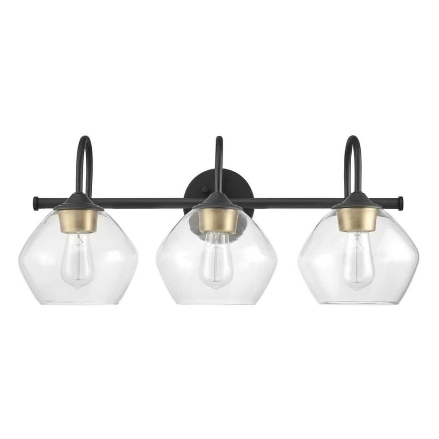 Vanity Lighting * | Harrow 26.3 In. 3-Light Dark Bronze Vanity Light With Antique Brass Accents And Clear Glass Shades By Globe Electric