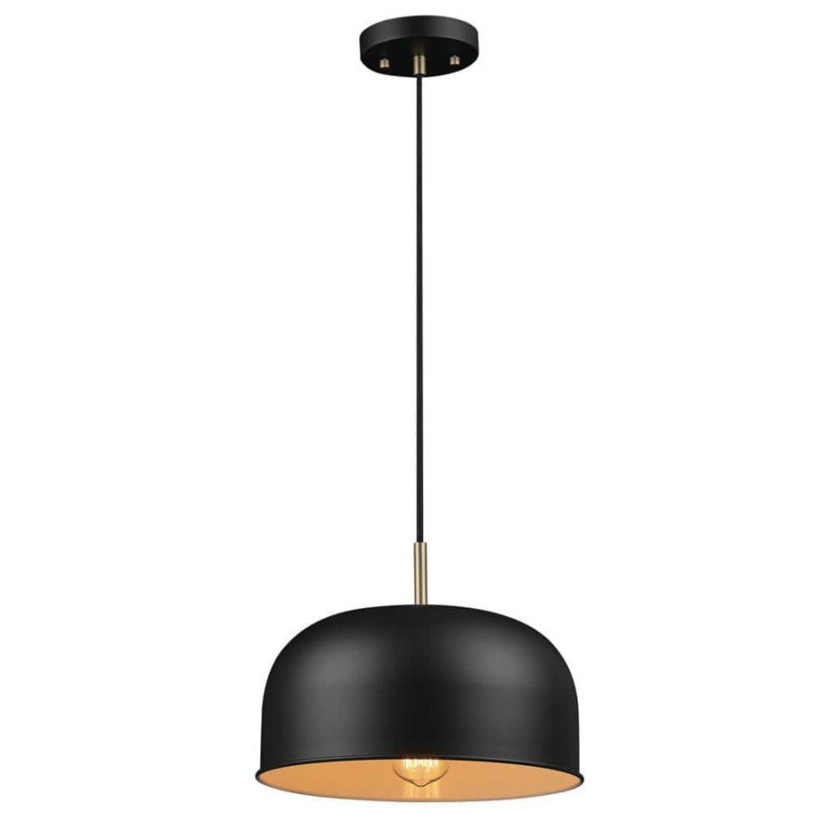 Chandeliers * | Emerson 1-Light Matte Black Pendant Light With Matte Brass Accents And Woven Fabric Hanging Cord By Globe Electric