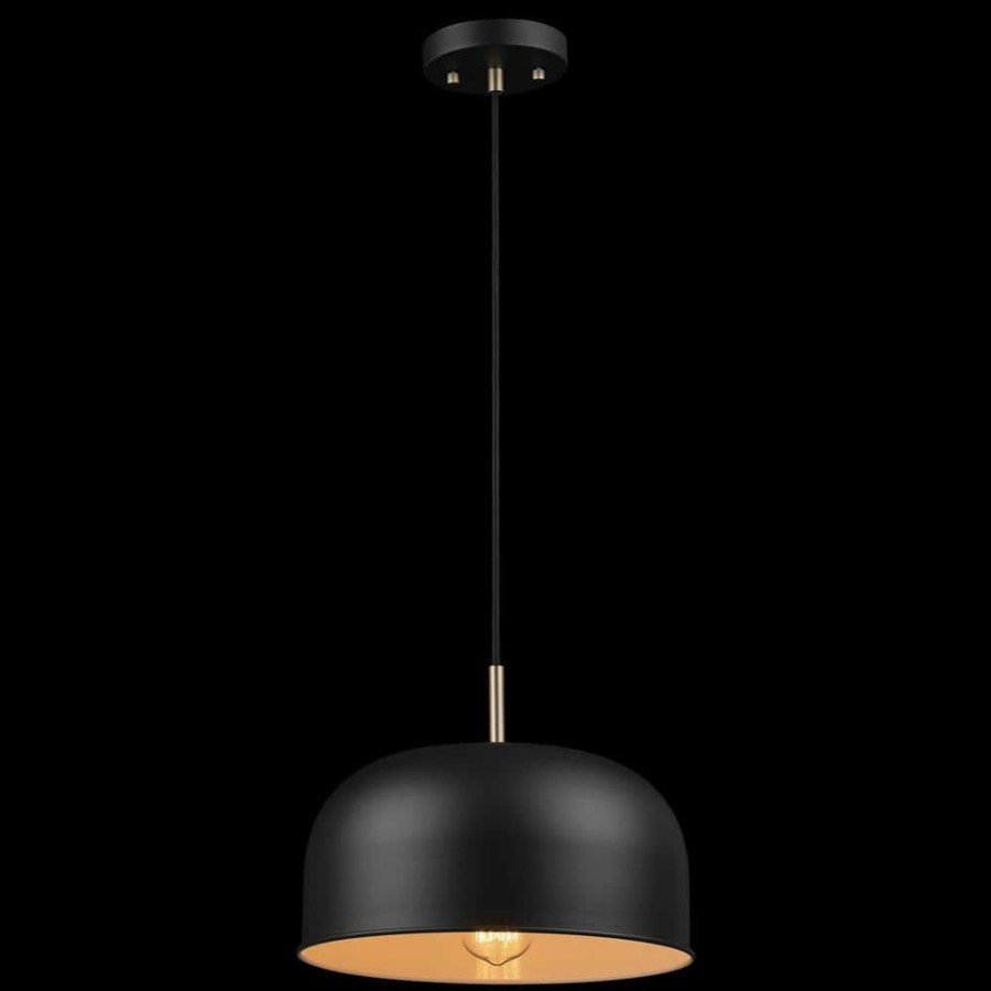 Chandeliers * | Emerson 1-Light Matte Black Pendant Light With Matte Brass Accents And Woven Fabric Hanging Cord By Globe Electric