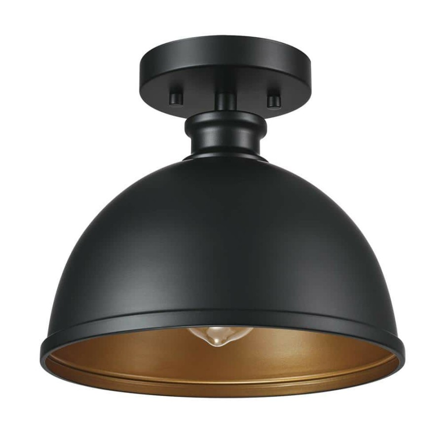 Flush Mount Lights * | Tallulah 1-Light Matte Black Shade And Gold Interior Flush Mount By Globe Electric