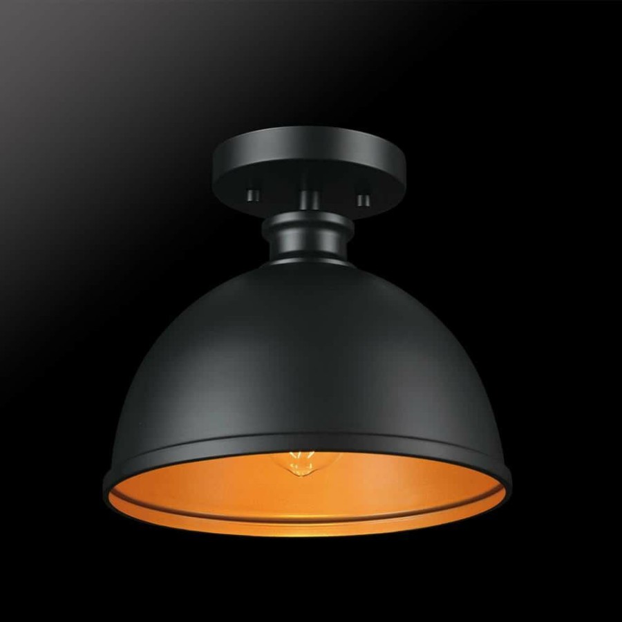 Flush Mount Lights * | Tallulah 1-Light Matte Black Shade And Gold Interior Flush Mount By Globe Electric