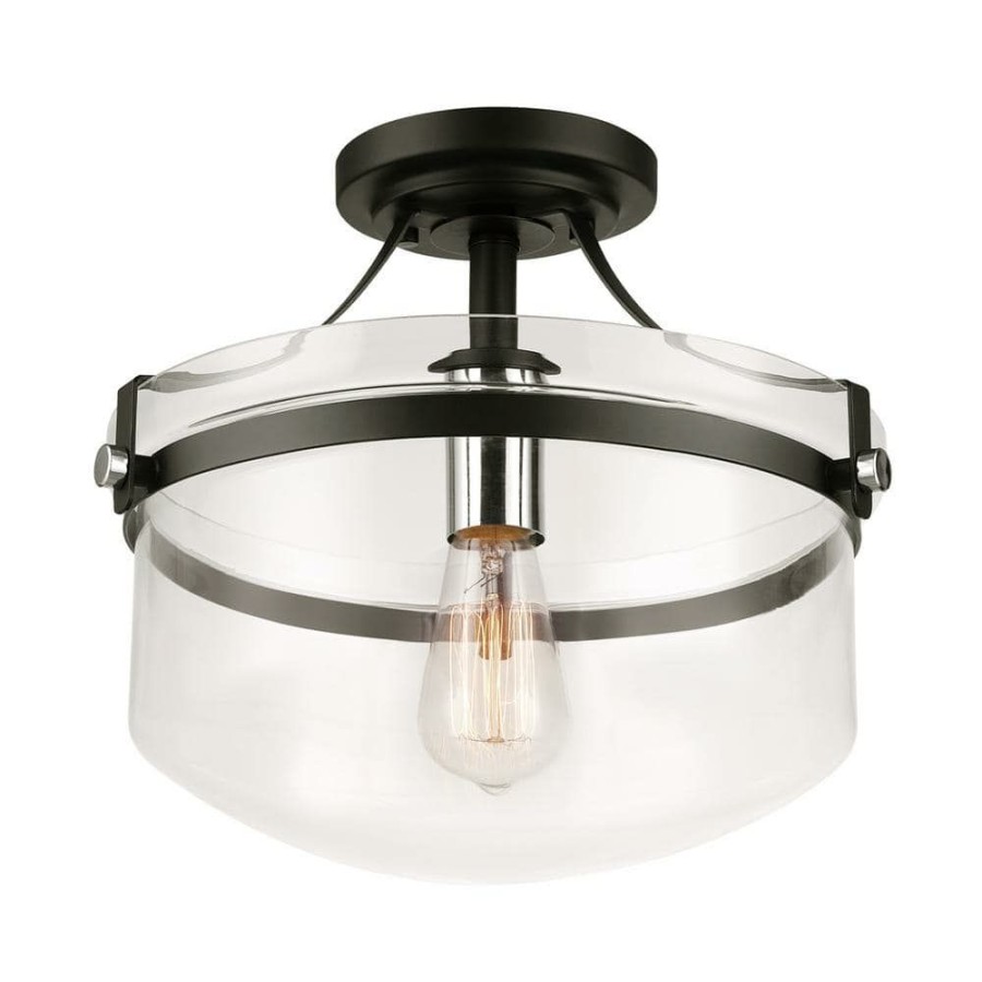 Flush Mount Lights * | Ella 13 In. 1-Light Matte Black Semi-Flush Mount With Chrome Accents And Clear Glass Shade, Incandescent Bulb Included By Globe Electric