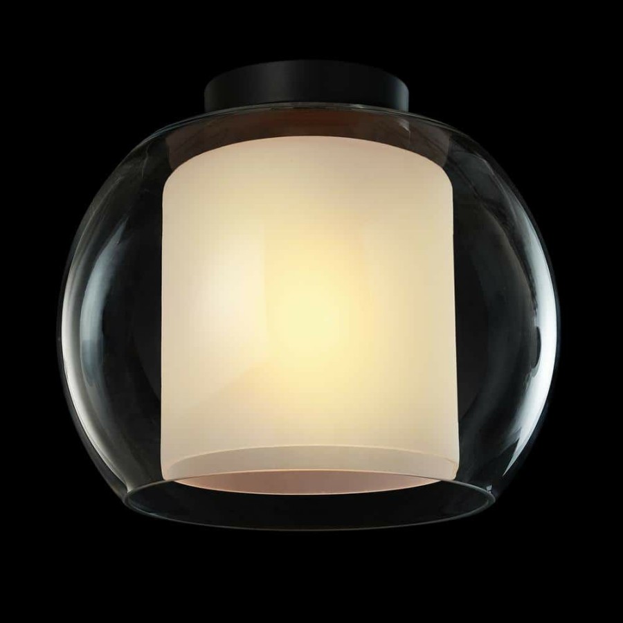 Flush Mount Lights * | Aura 12 In. 1-Light Bronze Semi-Flush Mount With Clear Glass Outer Shade And Frosted Glass Inner Shade By Globe Electric