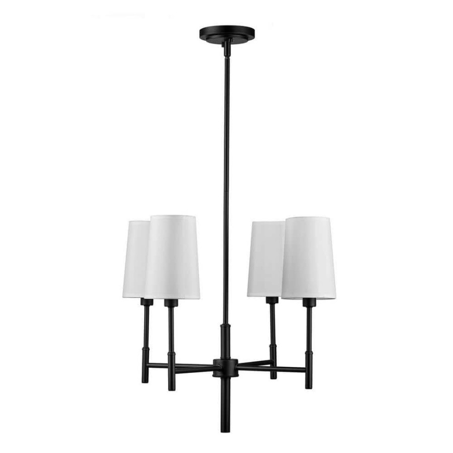 Chandeliers * | Ronnie 4-Light Matte Black Chandelier With White Fabric Shades By Globe Electric