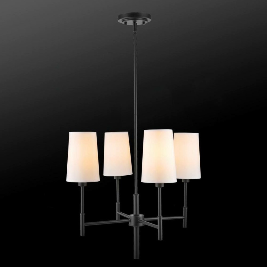 Chandeliers * | Ronnie 4-Light Matte Black Chandelier With White Fabric Shades By Globe Electric