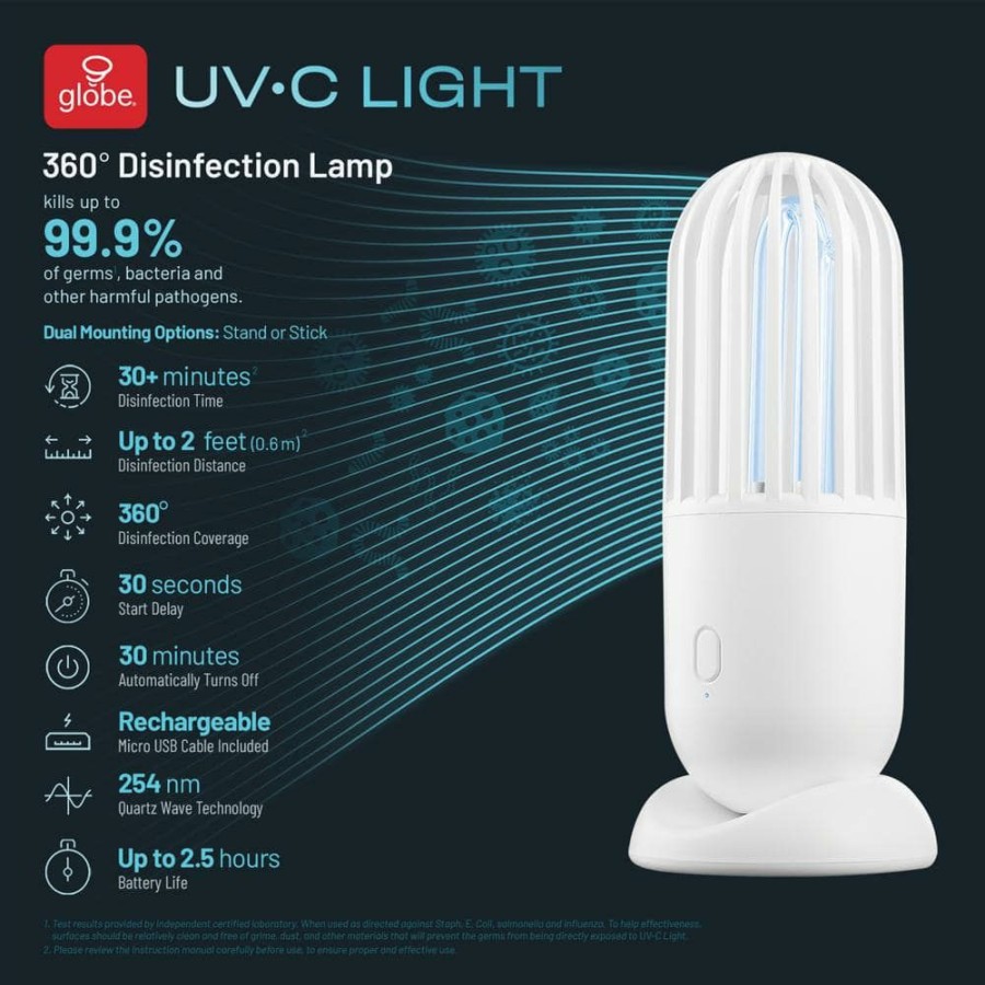 Lamps * | Uv-C Light 5.9 In White Disinfecting 360-Degree Portable Rechargeable Lamp Micro Usb Cable Included By Globe Electric