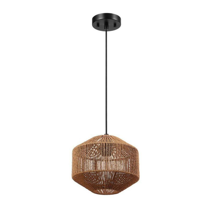 Chandeliers * | 1-Light Black Shaded Pendant Lighting With Natural Twine Shade By Globe Electric