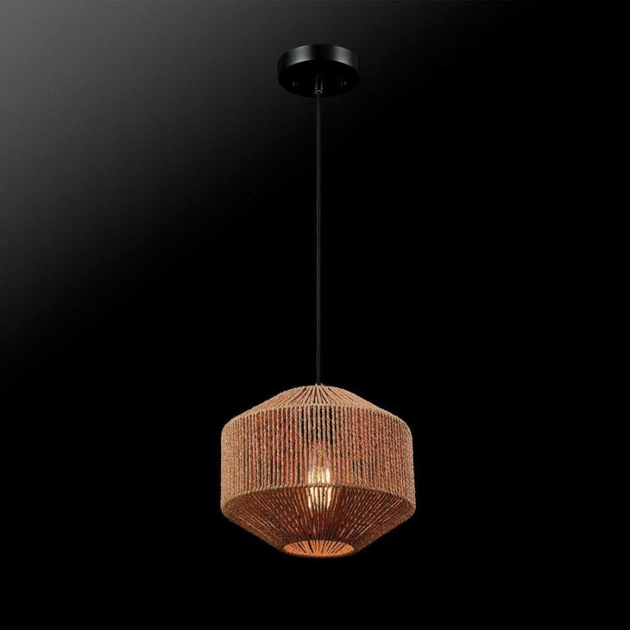 Chandeliers * | 1-Light Black Shaded Pendant Lighting With Natural Twine Shade By Globe Electric