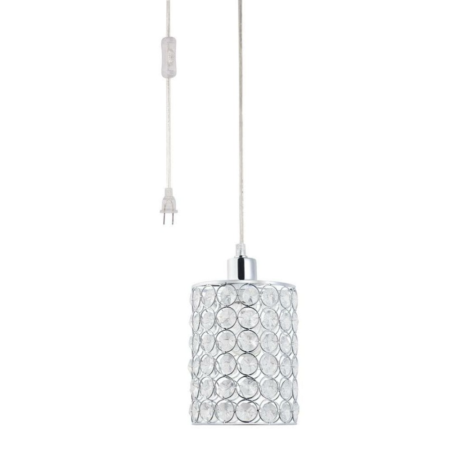 Pendant Lights * | 15 Ft. 1-Light Chrome/Crystal Cylindrical Plug In Clear Cord Pendant With Shade By Globe Electric