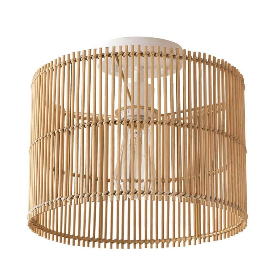 Flush Mount Lights * | 11.75 In. 1-Light Matte White Semi-Flush Mount Ceiling Light With Natural Bamboo Shade By Globe Electric