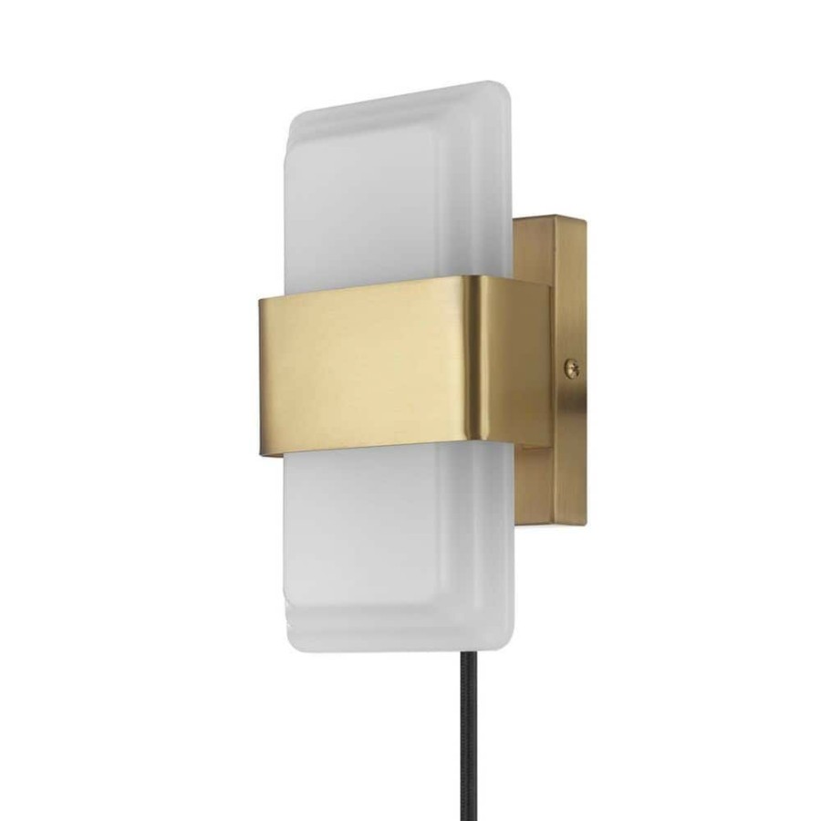 Wall Sconces * | 1-Light Matte Brass 19-Watt Led Integrated Plug-In Or Hardwire Wall Sconce With Frosted Acrylic Shade, 3000 Kelvin By Globe Electric