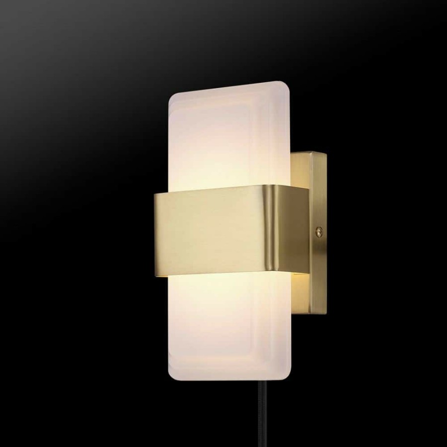 Wall Sconces * | 1-Light Matte Brass 19-Watt Led Integrated Plug-In Or Hardwire Wall Sconce With Frosted Acrylic Shade, 3000 Kelvin By Globe Electric