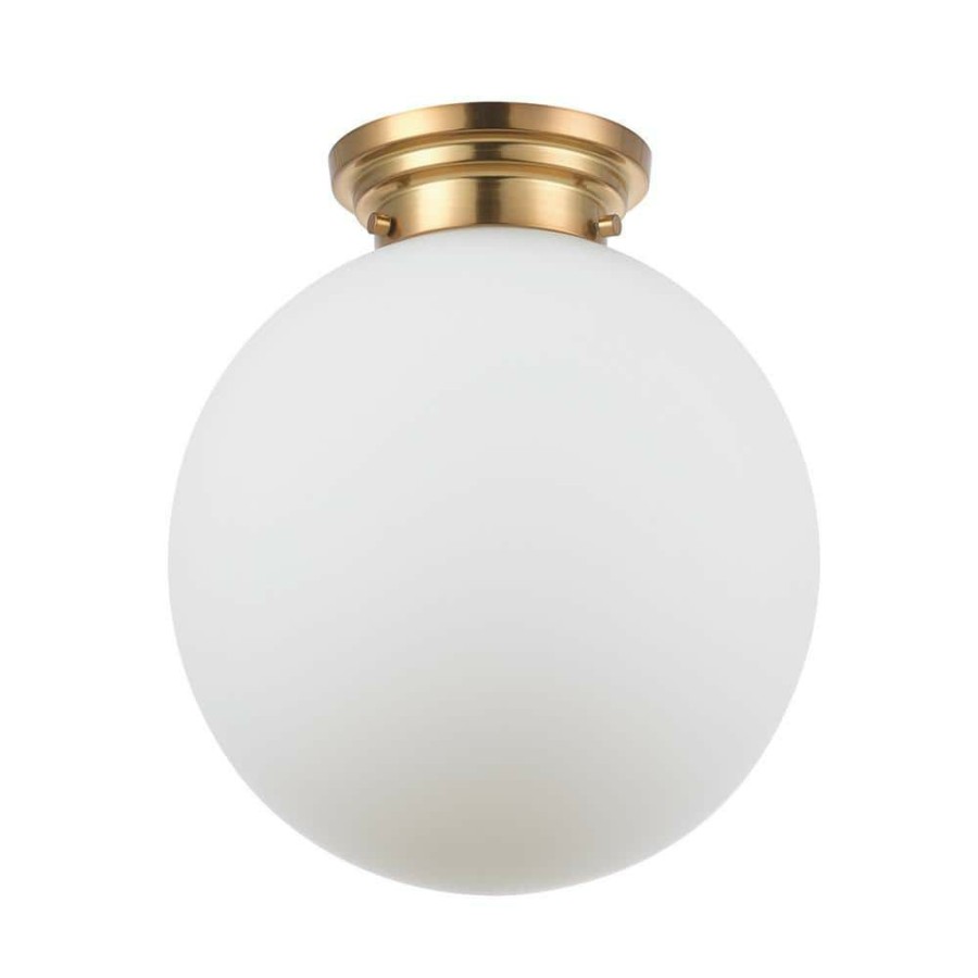 Flush Mount Lights * | Portland 11.8 In. 1-Light Matte Brass Semi-Flush Mount Ceiling Light With Opal Glass Shade By Globe Electric