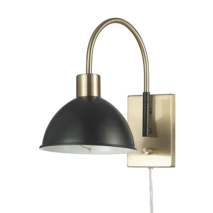 Wall Sconces * | 1-Light Matte Brass Plug-In Or Hardwire Wall Sconce With Matte Black Accents, 6 Ft. Clear Cord, On/Off Rotary Switch By Globe Electric