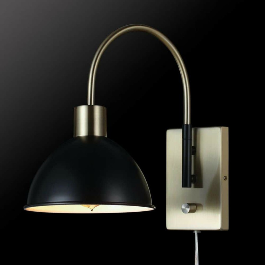 Wall Sconces * | 1-Light Matte Brass Plug-In Or Hardwire Wall Sconce With Matte Black Accents, 6 Ft. Clear Cord, On/Off Rotary Switch By Globe Electric