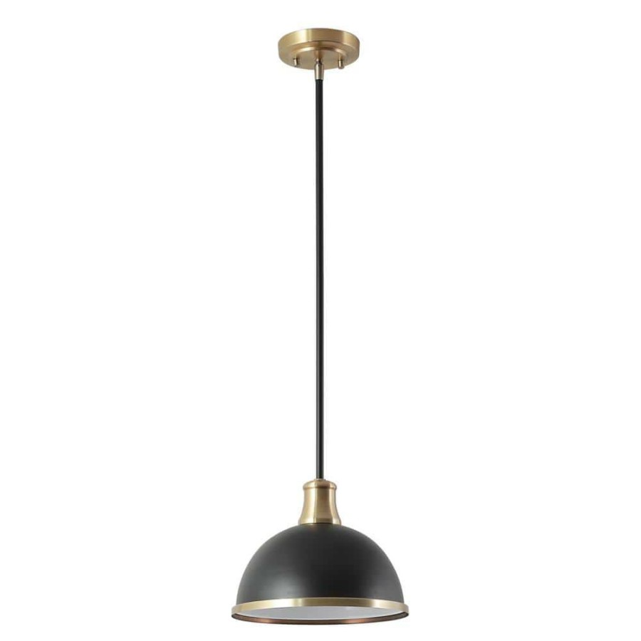 Pendant Lights * | Beckett 1-Light Matte Black Pendant Light With Metal Shade And Matte Brass Accents By Globe Electric