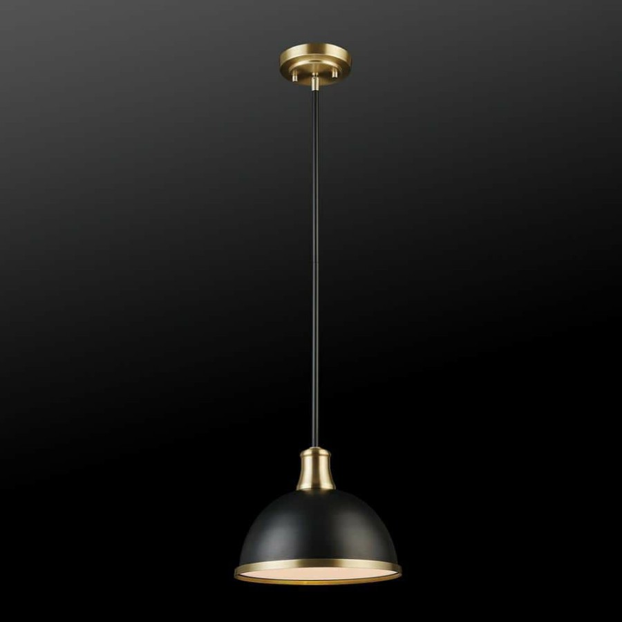 Pendant Lights * | Beckett 1-Light Matte Black Pendant Light With Metal Shade And Matte Brass Accents By Globe Electric