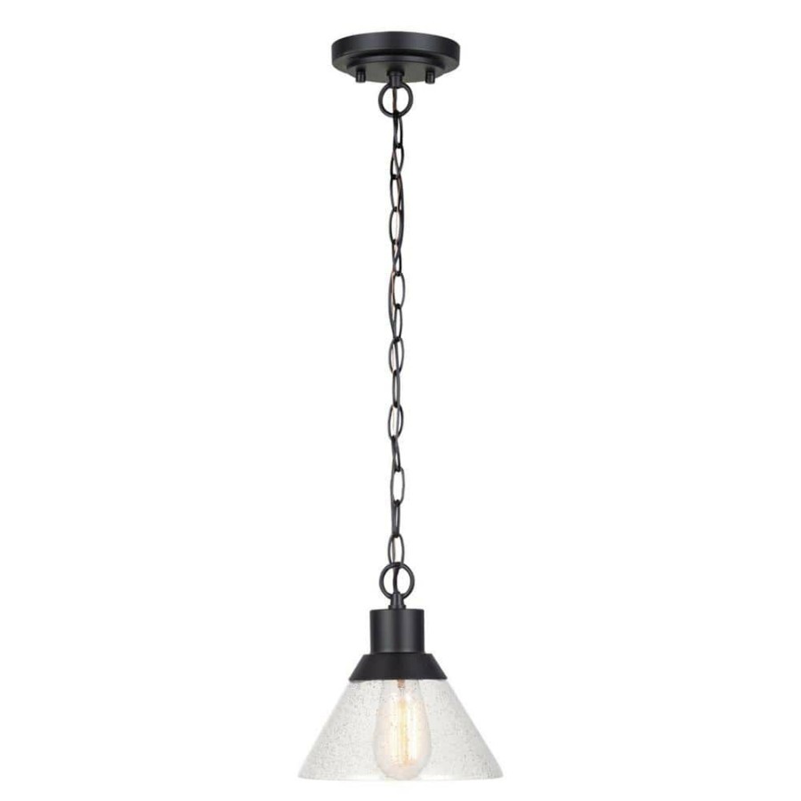 Outdoor Lighting * | 1-Light Matte Black Outdoor Indoor Pendant With Clear Seeded Glass Shade, Vintage Incandescent Bulb Included By Globe Electric