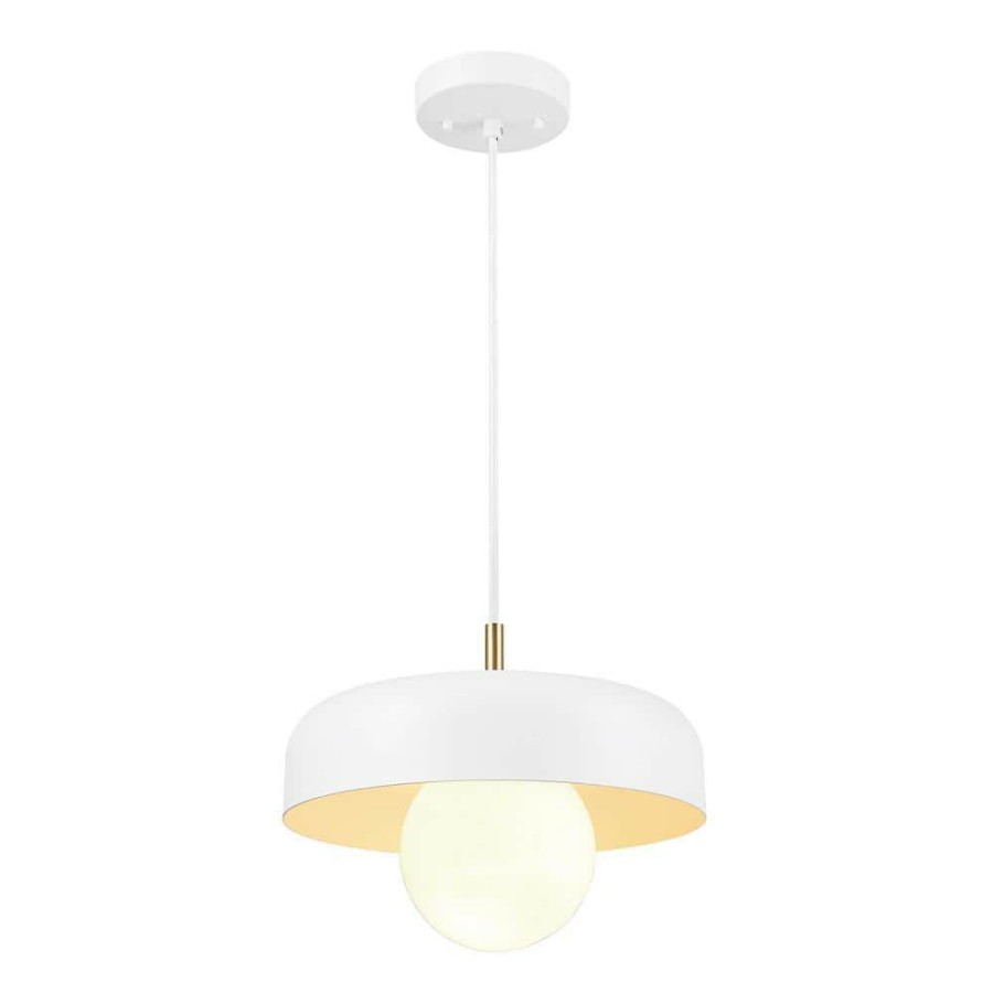 Pendant Lights * | Jackie 1-Light Matte White Pendant With Matte Brass Accents And White Cloth Cord By Globe Electric