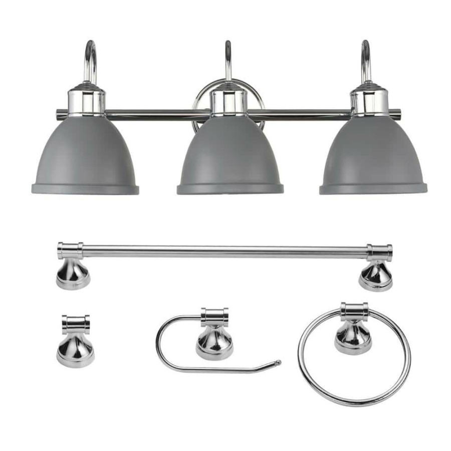 Vanity Lighting * | Sydney 24 In. 3-Light Matte Gray And Chrome Vanity Light With Bath Set (5-Piece) By Globe Electric