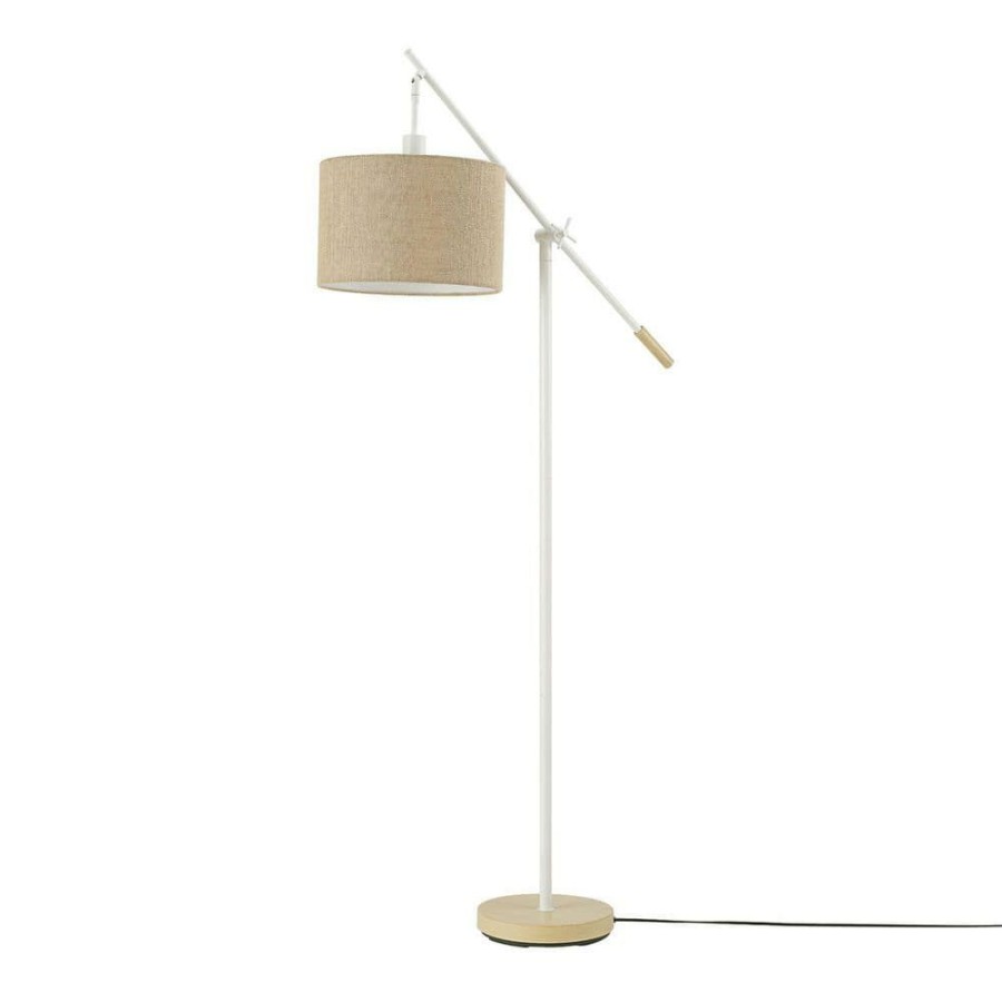 Lamps * | 66 In. Matte White Floor Lamp With Faux Wood Accents And Jute Shade, Dimmable Rotary Switch On Socket By Globe Electric