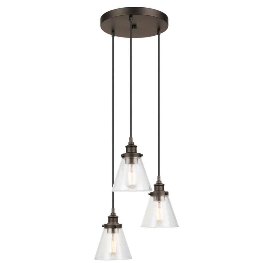 Pendant Lights * | Jackson 3-Light Dark Bronze Pendant With Clear Glass Shades, Vintage Incandescent Bulbs Included By Globe Electric