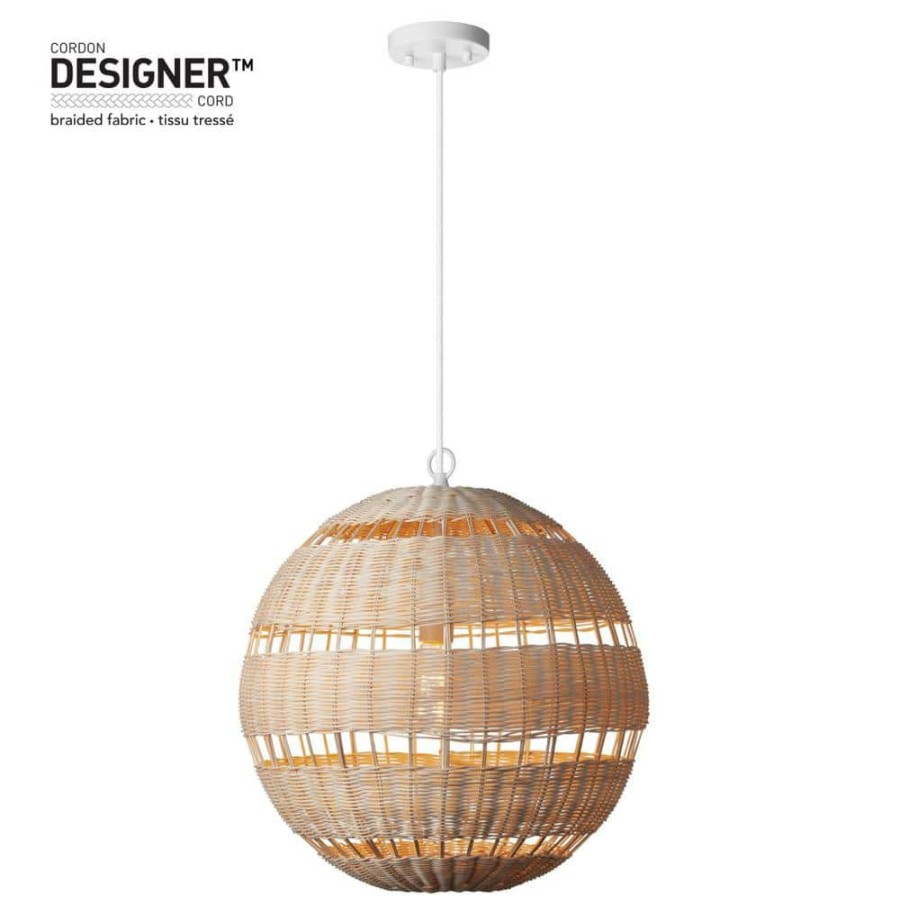 Chandeliers * | 1-Light White Pendant With Natural Woven Twine Shade And Designer White Cloth Cord, Vintage Incandescent Bulb Included By Globe Electric