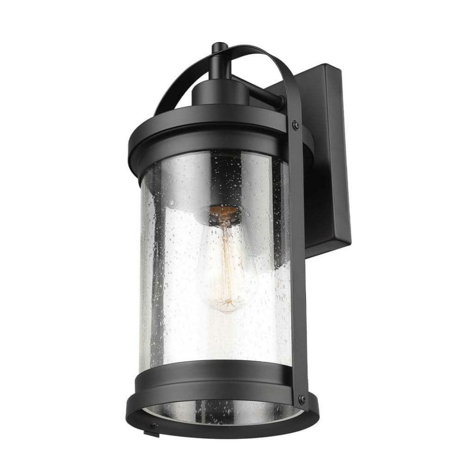 Outdoor Lighting * | Xavier 1-Light Matte Black Hardwired Outdoor Indoor Wall Lantern Sconce With Seeded Glass Shade By Globe Electric