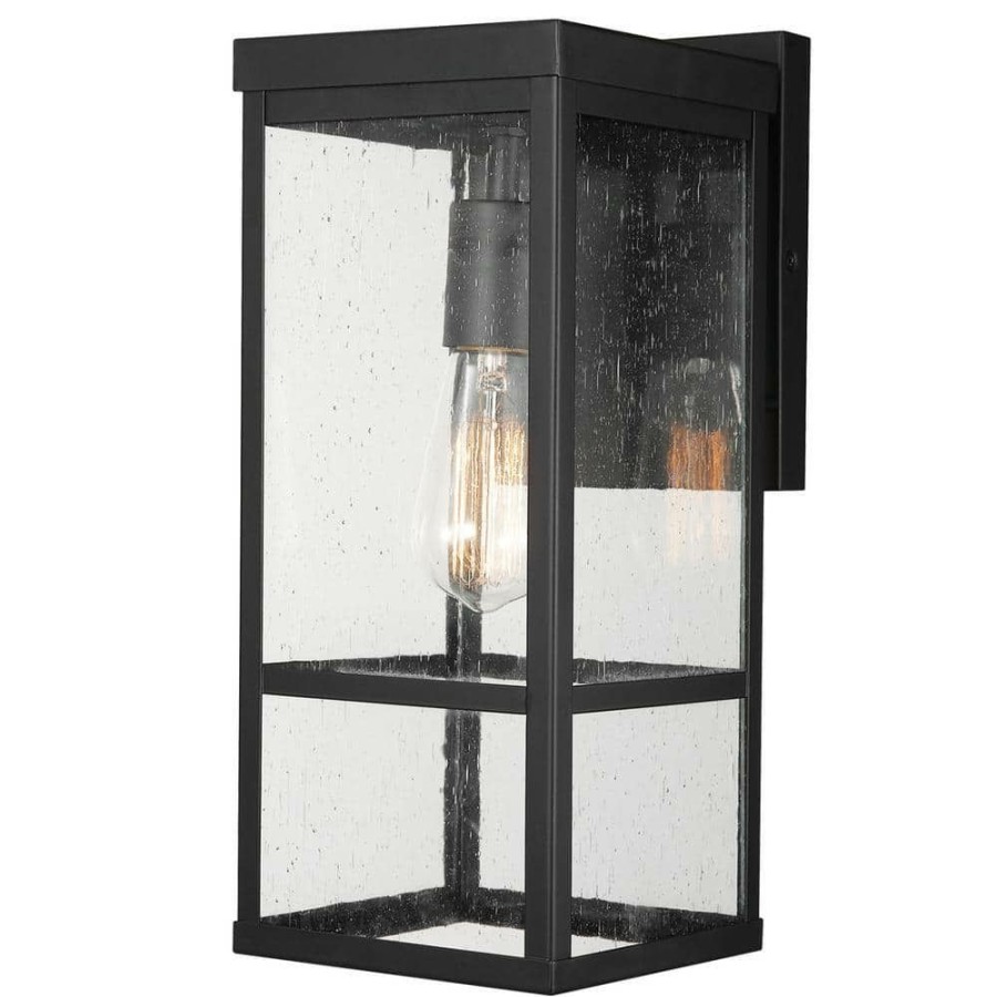 Outdoor Lighting * | Smith 1-Light Matte Black Outdoor/Indoor Wall Lantern Sconce With Seeded Glass Shade By Globe Electric