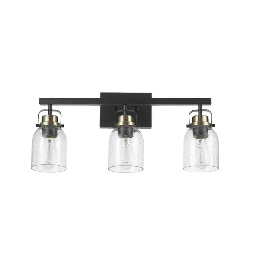 Vanity Lighting * | Rockhampton 24 In. 3-Light Matte Black Vanity Light With Matte Brass Accent And Seeded Glass Shades By Globe Electric