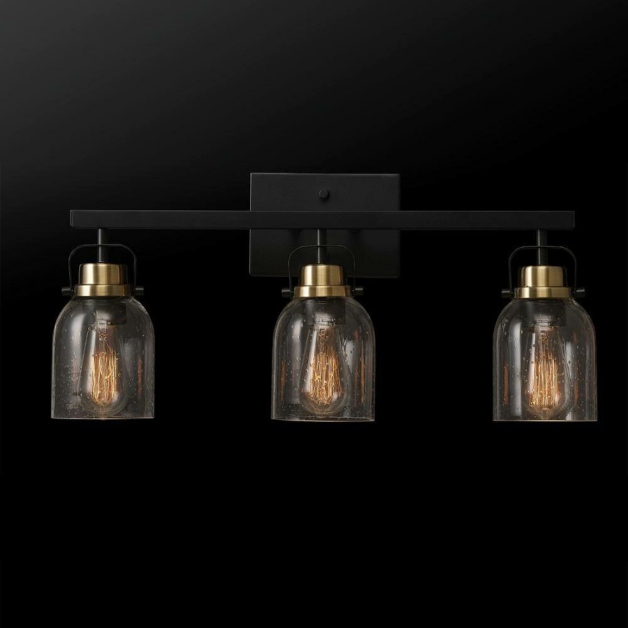 Vanity Lighting * | Rockhampton 24 In. 3-Light Matte Black Vanity Light With Matte Brass Accent And Seeded Glass Shades By Globe Electric