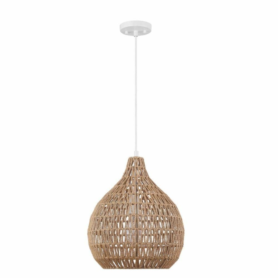 Chandeliers * | Tika 1-Light White Pendant Light With Natural Blonde Twine Shade By Globe Electric