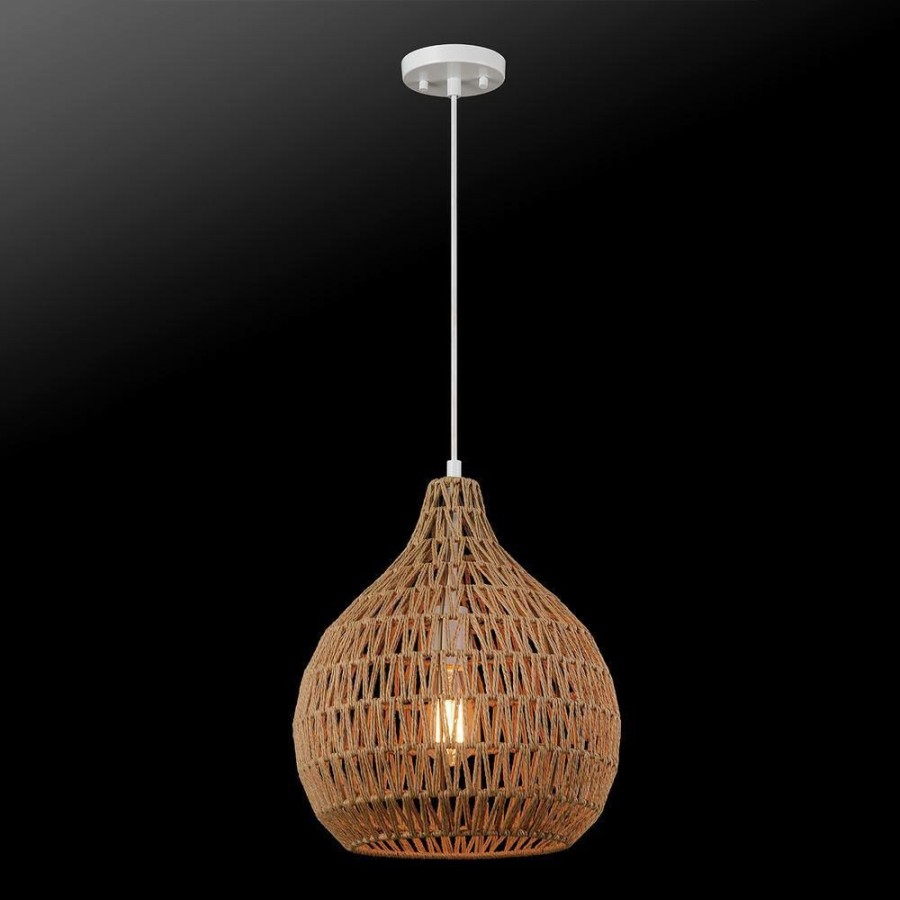 Chandeliers * | Tika 1-Light White Pendant Light With Natural Blonde Twine Shade By Globe Electric