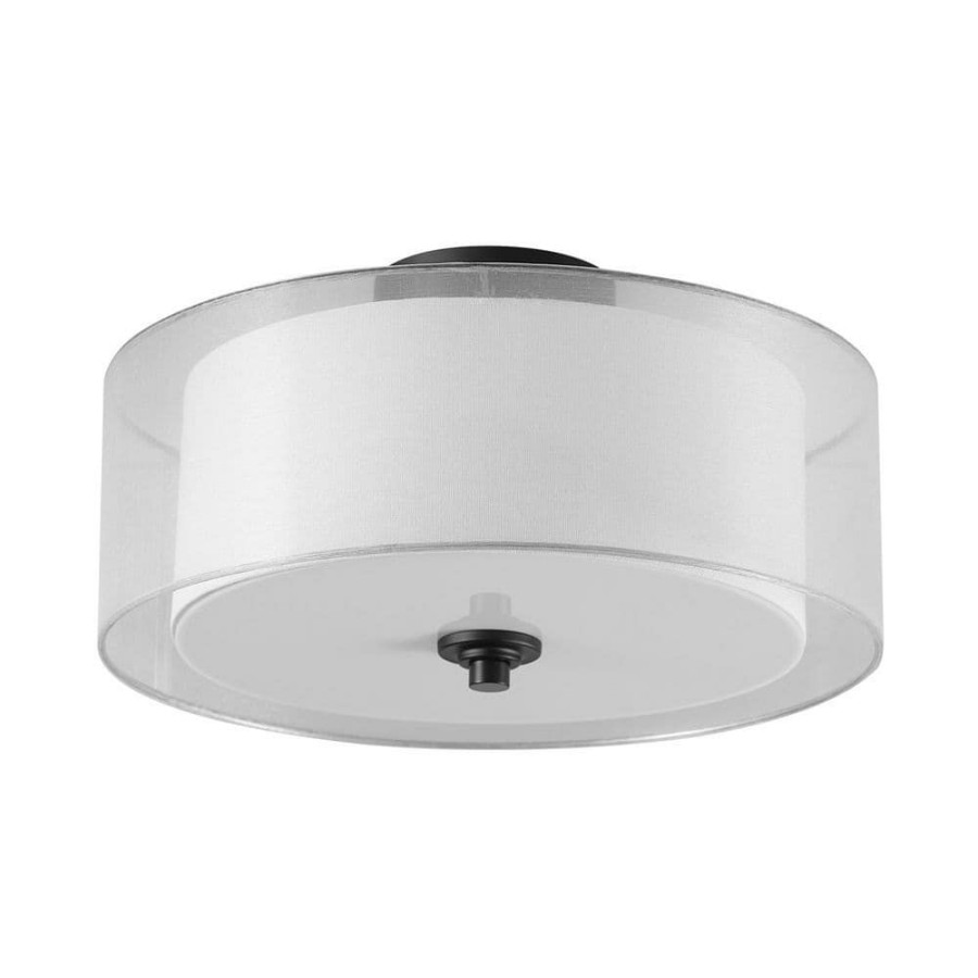 Flush Mount Lights * | 15 In. 2-Light Matte Black Semi-Flush Mount Ceiling Light With White Linen Inner Shade And White Organza Outer Shade By Globe Electric