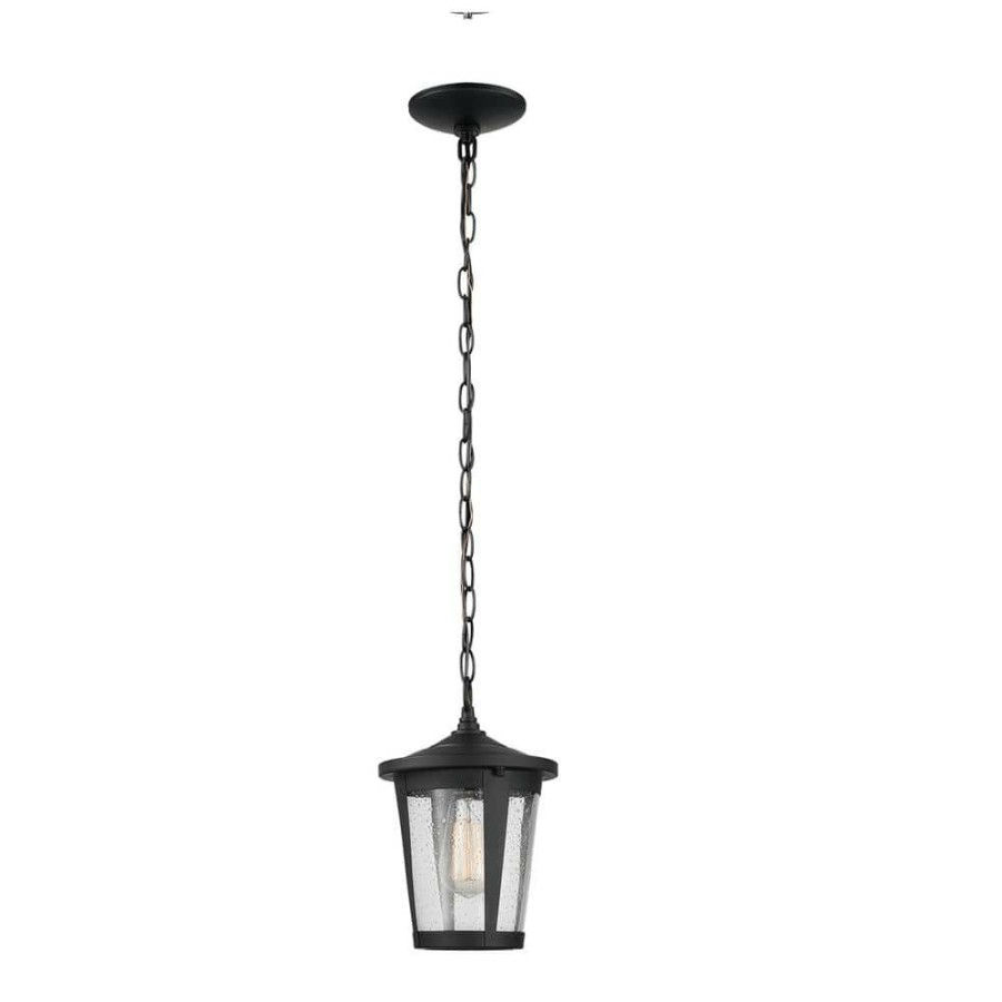 Outdoor Lighting * | Augusta 1-Light Matte Black Outdoor Indoor Pendant Lighting With Seeded Glass Shade By Globe Electric