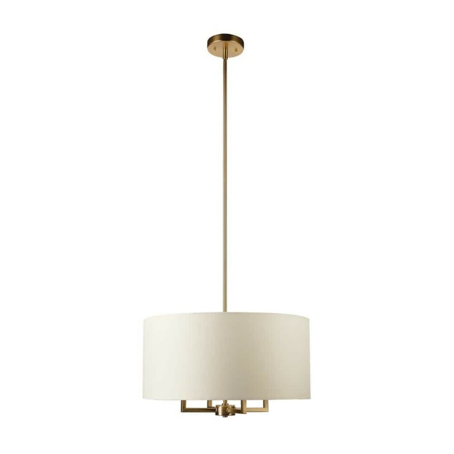 Pendant Lights * | Emery 4-Light Matte Brass Pendant Light With Beige Fabric Shade By Globe Electric