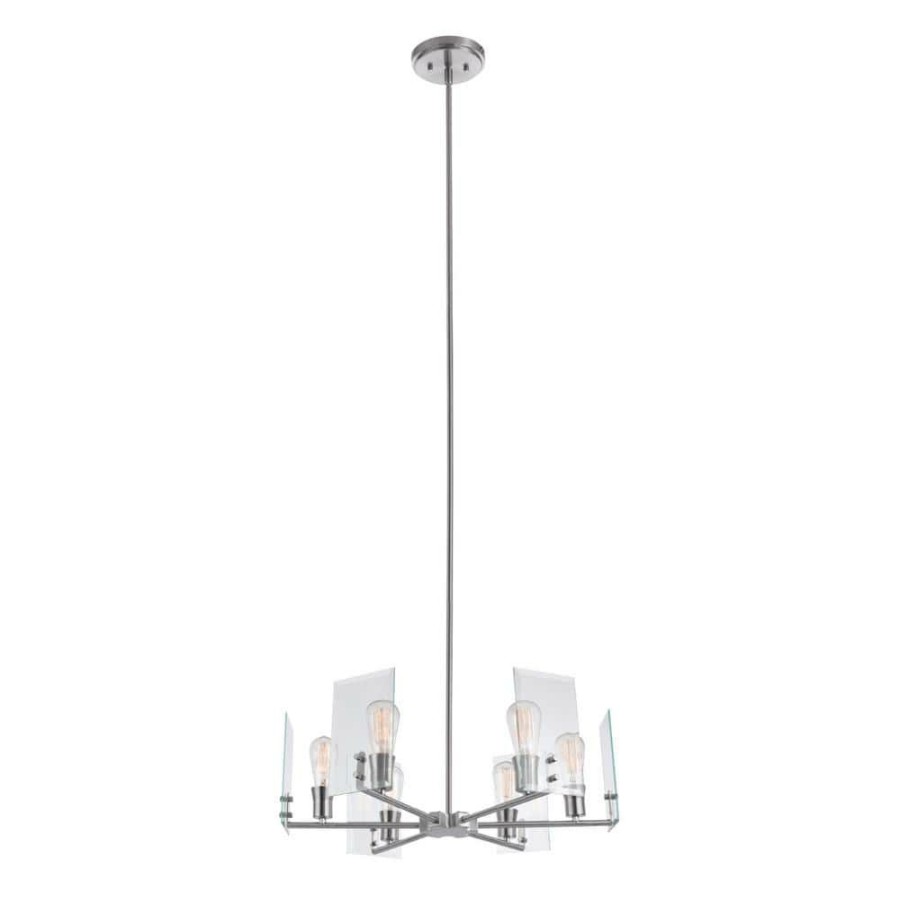 Chandeliers * | Cleve 6-Light Brushed Nickel Chandelier With Clear Beveled Glass Panes By Globe Electric