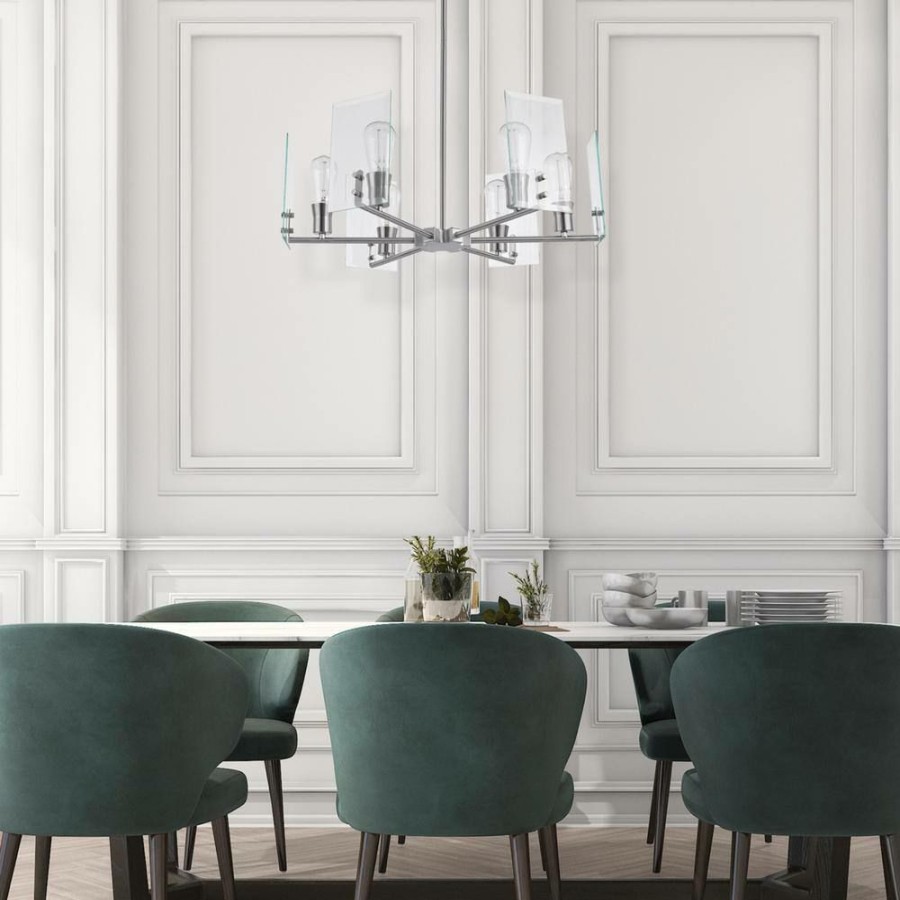 Chandeliers * | Cleve 6-Light Brushed Nickel Chandelier With Clear Beveled Glass Panes By Globe Electric