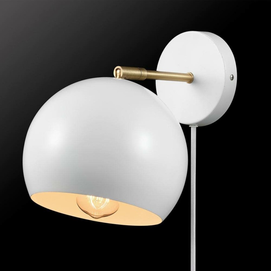 Wall Sconces * | Molly 1-Light Matte White Plug-In Or Hardwire Wall Sconce With Matte Brass Accent By Globe Electric