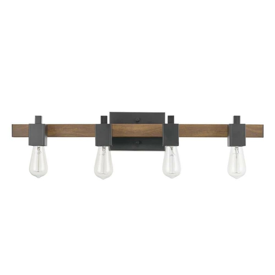 Vanity Lighting * | Phoenix 31 In. 4-Light Matte Black And Faux Wood Vanity Light By Globe Electric