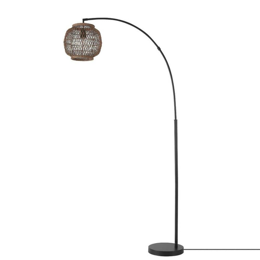 Lamps * | 79 In. Matte Black Floor Lamp With Rattan Shade, In-Line On/Off Foot Switch By Globe Electric