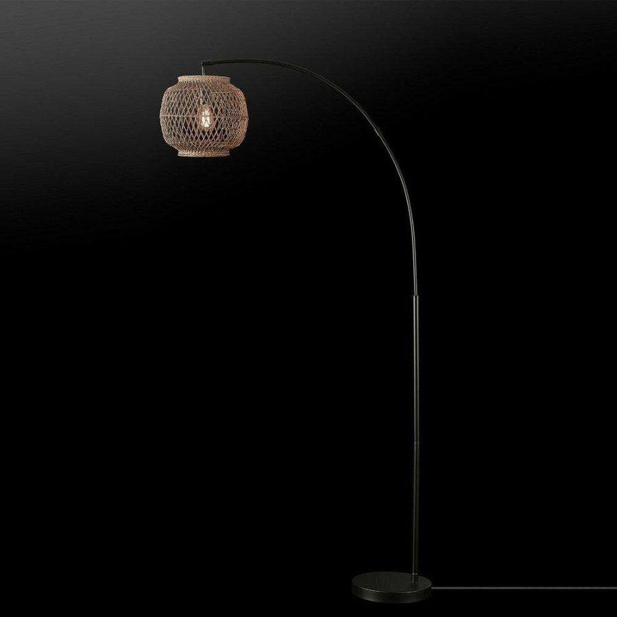 Lamps * | 79 In. Matte Black Floor Lamp With Rattan Shade, In-Line On/Off Foot Switch By Globe Electric