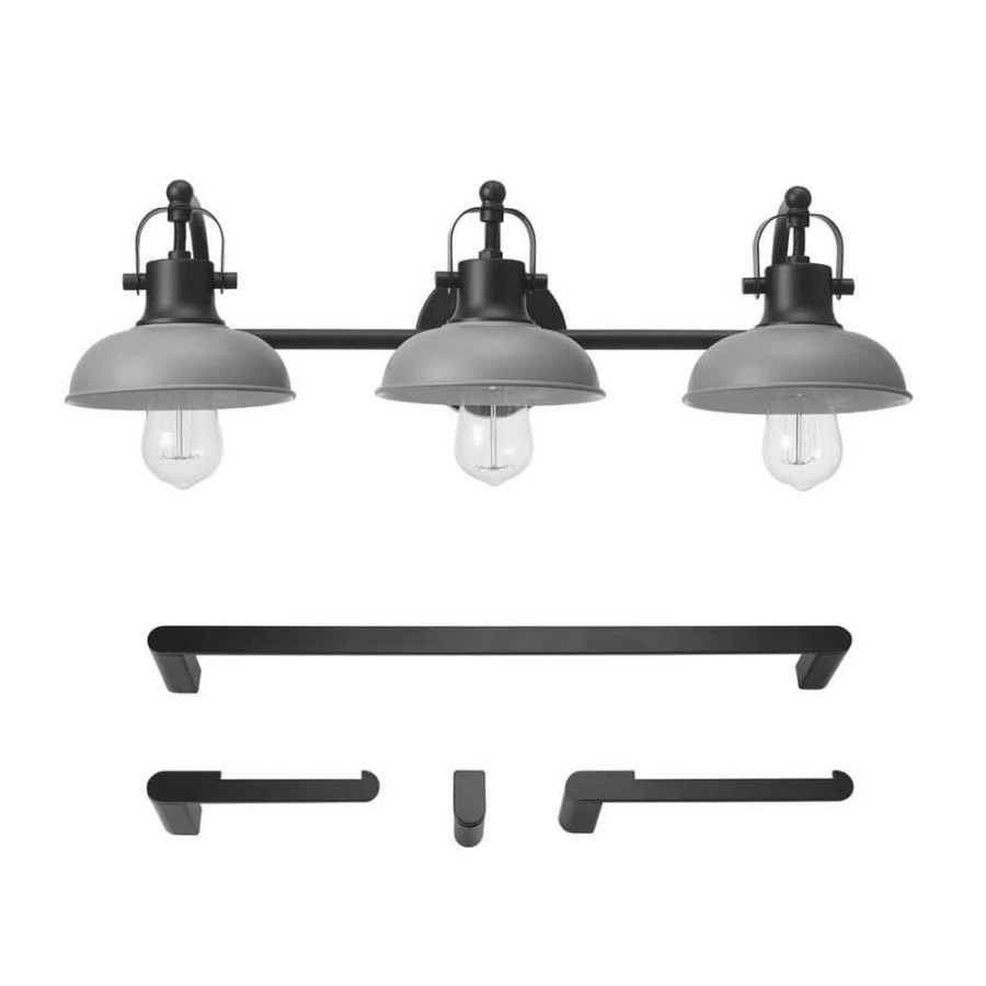 Vanity Lighting * | Gladstone 24 In. 3-Light Matte Black Vanity Light With Matte Gray Shades, 4-Piece Bathroom Accessory Set Included By Globe Electric