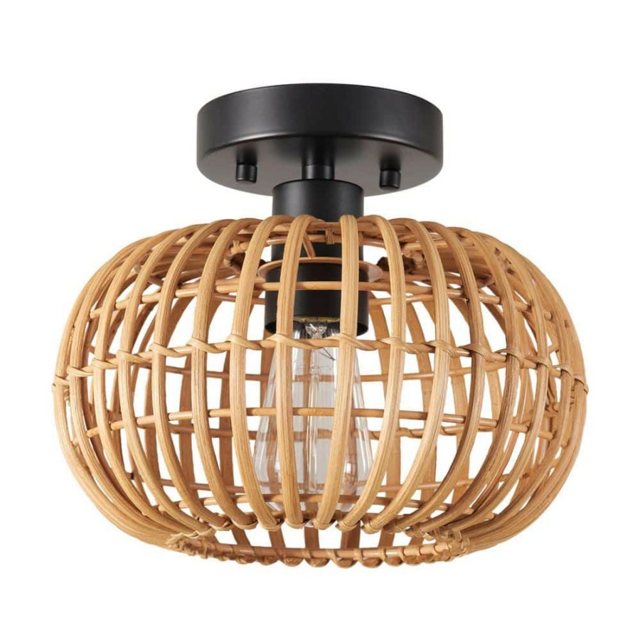 Flush Mount Lights * | 10 In. 1-Light Black Semi-Flush Mount Ceiling Light With Rattan Shade By Globe Electric