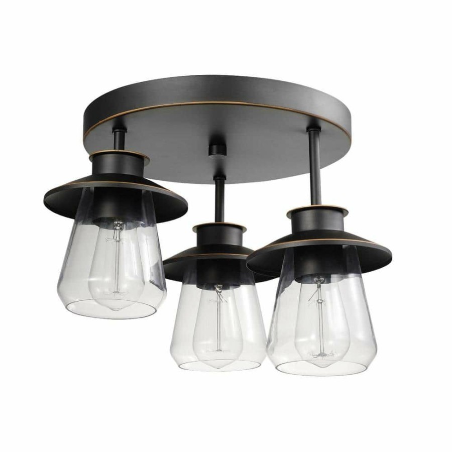 Flush Mount Lights * | Nate 11 In. 3-Light Oil Rubbed Bronze Semi-Flush Mount Ceiling Light With Clear Glass Shades By Globe Electric