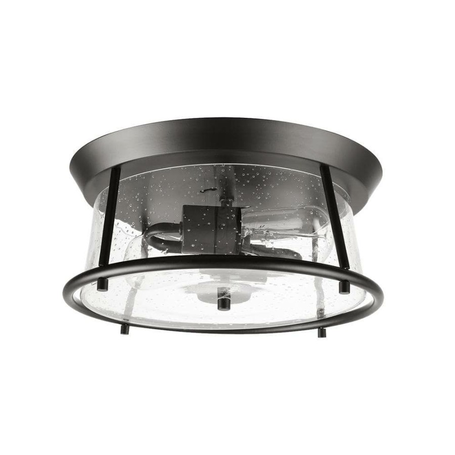 Flush Mount Lights * | Donny 12.75 In. 2-Light Dark Bronze Flush Mount With Seeded Glass Shade, Light Bulbs Included By Globe Electric